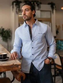 YOUESAWY YOUESAWY Men's Formal Casual Streetwear Versatile Commute Striped  Patchwork Long Sleeve Shirt - Blue and White - View 1