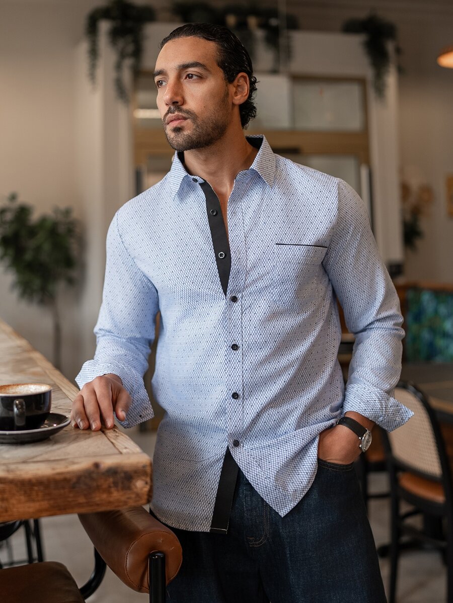 YOUESAWY YOUESAWY Men's Formal Casual Streetwear Versatile Commute Striped Patchwork Long Sleeve Shirt - Blue and White - View 1