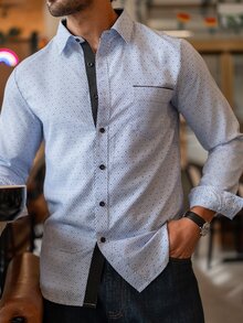 YOUESAWY YOUESAWY Men's Formal Casual Streetwear Versatile Commute Striped  Patchwork Long Sleeve Shirt - Blue and White - View 5