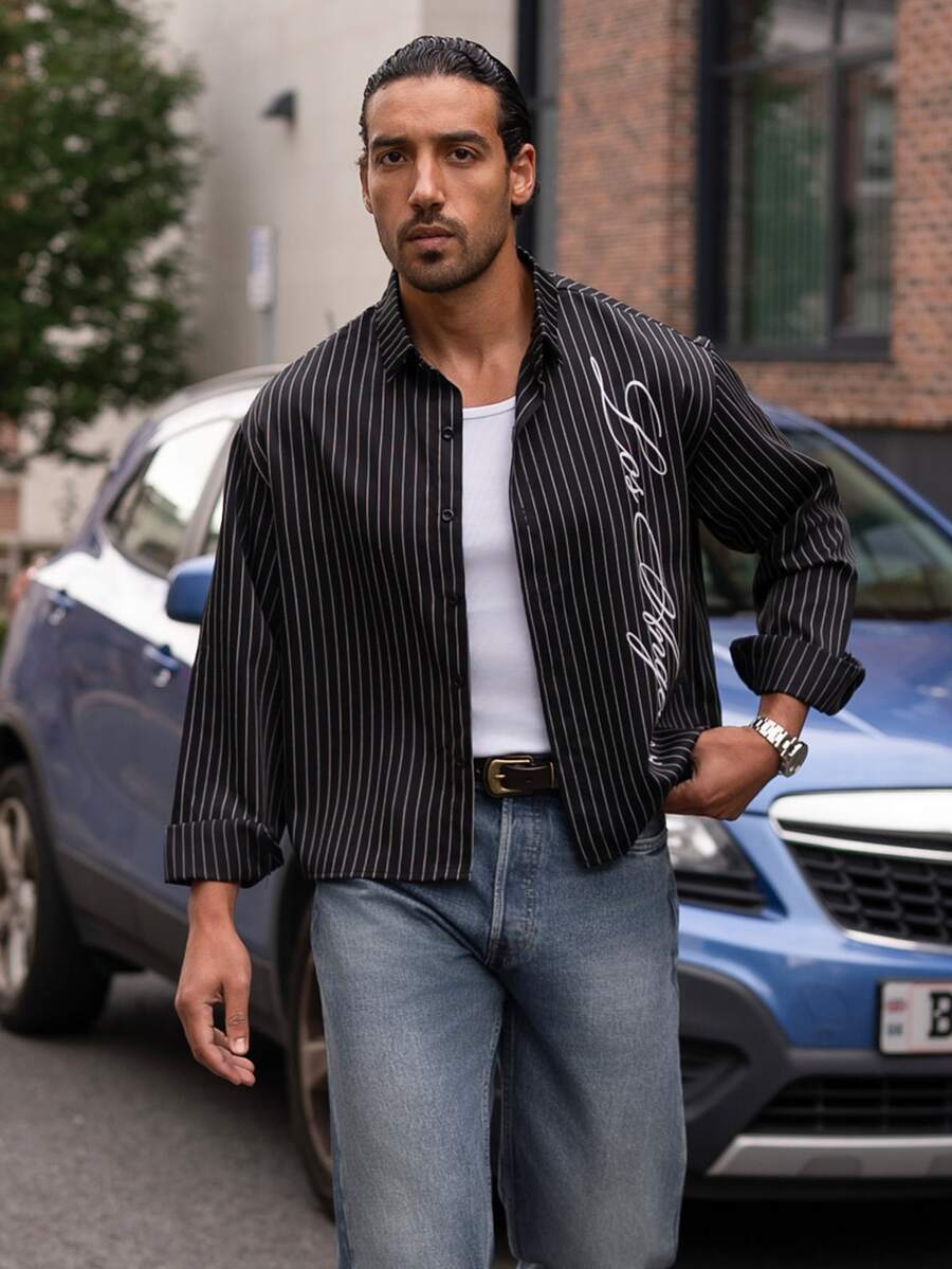 YOUESAWY YOUESAWY Men's Letter & Striped Print Button Front Casual Long Sleeve Shirt,Black And White Striped Graphic Jacket Street Wear,Autumn Holiday Button Up Shirt - Black - View 1