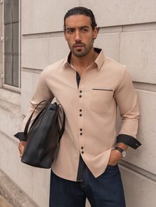 YOUESAWY YOUESAWY Men's Formal Casual Streetwear Versatile Commute Striped  Patchwork Long Sleeve Shirt - Khaki - View 3