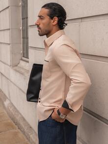 YOUESAWY YOUESAWY Men's Formal Casual Streetwear Versatile Commute Striped  Patchwork Long Sleeve Shirt - Khaki - View 4