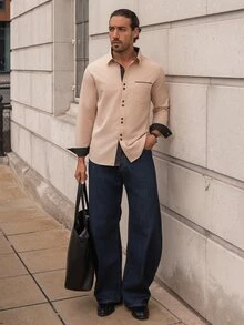 YOUESAWY YOUESAWY Men's Formal Casual Streetwear Versatile Commute Striped  Patchwork Long Sleeve Shirt - Khaki - View 1