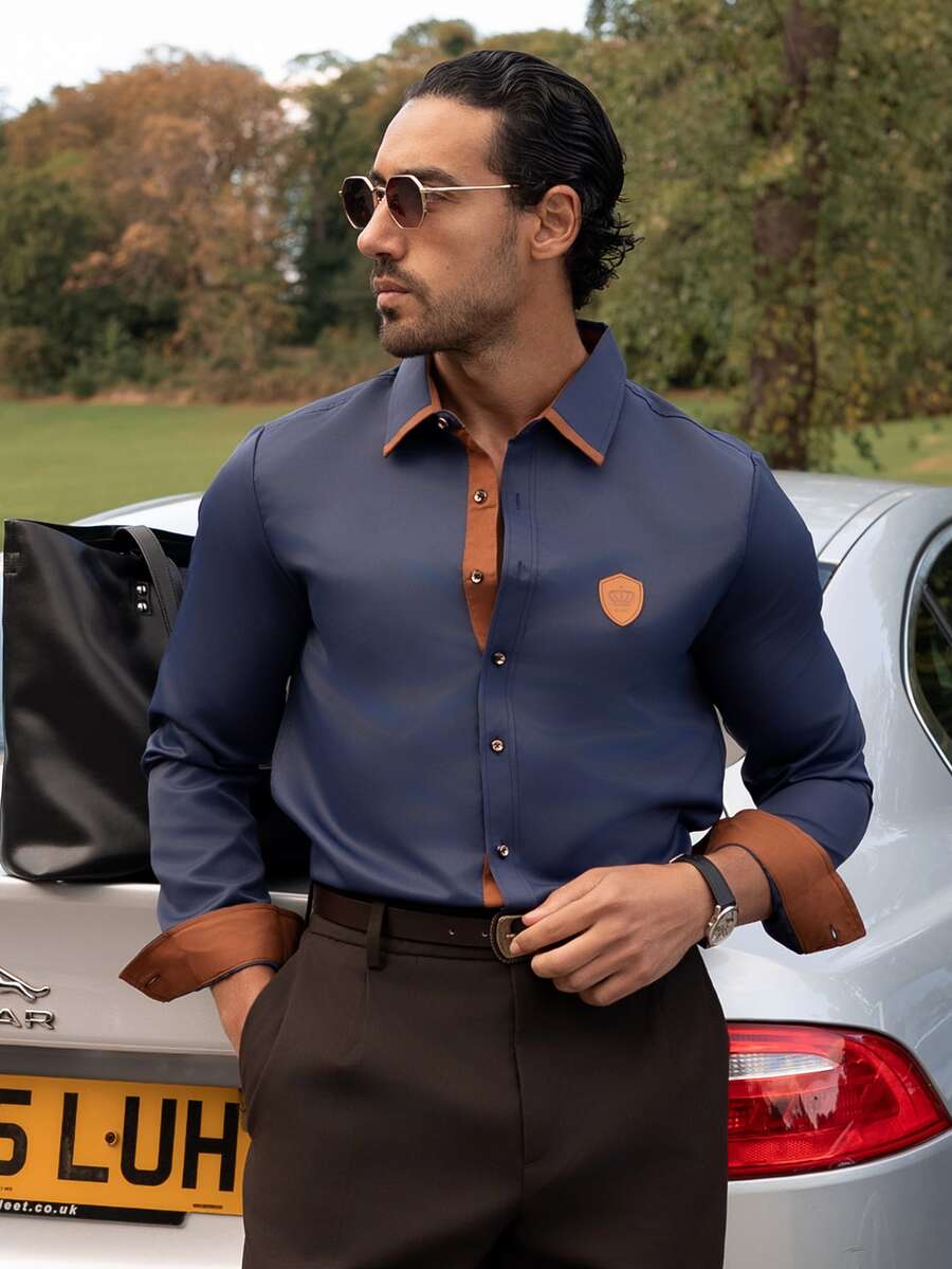 YOUESAWY YOUESAWY Men's Casual Business Contrast Color Button Long Sleeve Shirt Men Luxury Shirts Royal Blue And Orange Designer Formal, Ceremony - Navy Blue - View 1
