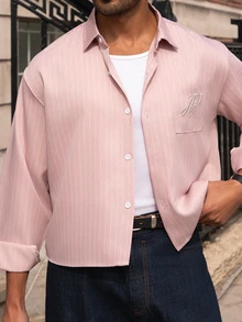 YOUESAWY YOUESAWY Men's Casual Commuter Striped Print & Embroidered Letter Long Sleeve Shirt, Spring/Autumn - Baby Pink - View 6