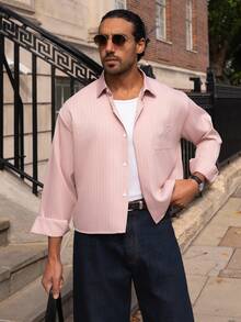 YOUESAWY YOUESAWY Men's Casual Commuter Striped Print & Embroidered Letter Long Sleeve Shirt, Spring/Autumn - Baby Pink - View 1