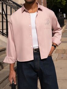 YOUESAWY YOUESAWY Men's Casual Commuter Striped Print & Embroidered Letter Long Sleeve Shirt, Spring/Autumn - Baby Pink - View 4