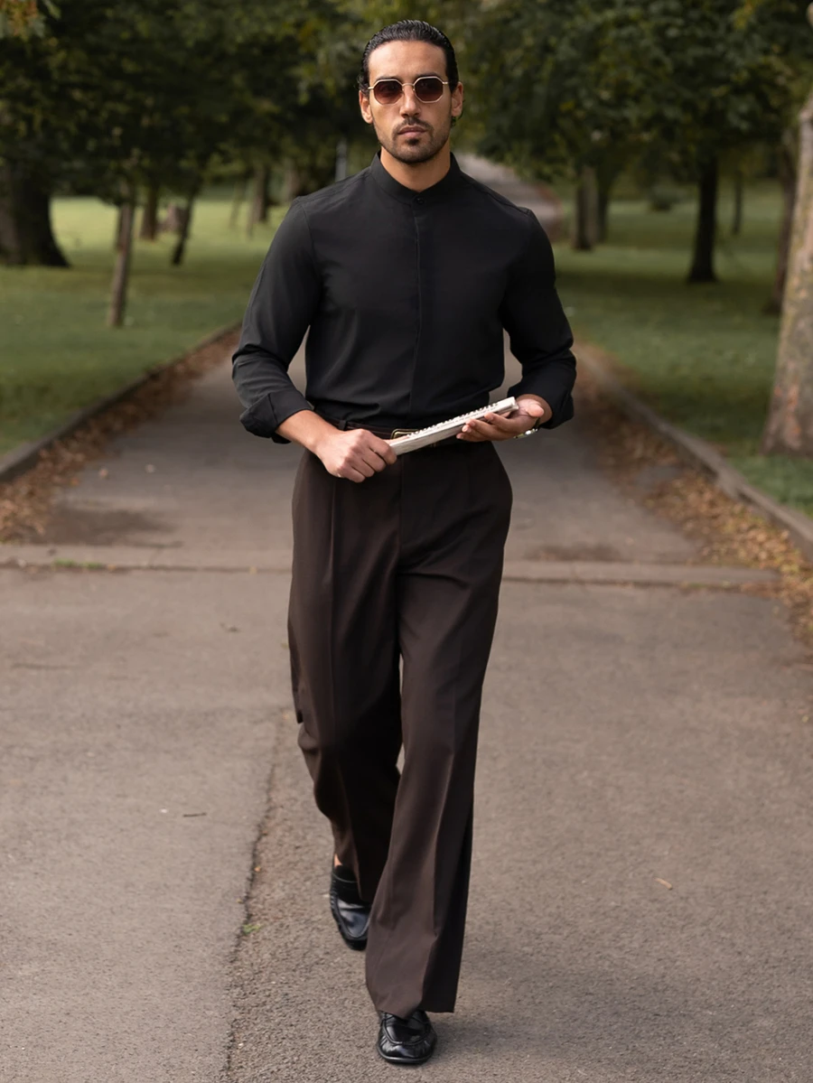 YOUESAWY YOUESAWY Men's Fashion Casual Long Sleeve Shirt Men's Stand-Up Collar Solid Color Button Long Sleeve Shirt, - Black - View 1