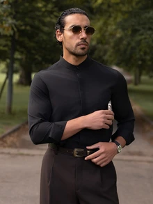 YOUESAWY YOUESAWY Men's Fashion Casual Long Sleeve Shirt Men's Stand-Up Collar Solid Color Button Long Sleeve Shirt, - Black - View 3