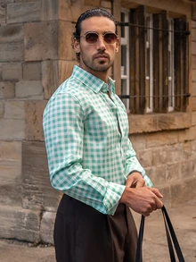 YOUESAWY YOUESAWY Casual Vacation Plaid Small Icon Front Single-Breasted Comfortable Long Sleeve Fashion Casual Shirt For Men, Fall - Mint Green - View 4