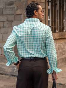 YOUESAWY YOUESAWY Casual Vacation Plaid Small Icon Front Single-Breasted Comfortable Long Sleeve Fashion Casual Shirt For Men, Fall - Mint Green - View 2