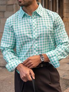 YOUESAWY YOUESAWY Casual Vacation Plaid Small Icon Front Single-Breasted Comfortable Long Sleeve Fashion Casual Shirt For Men, Fall - Mint Green - View 5