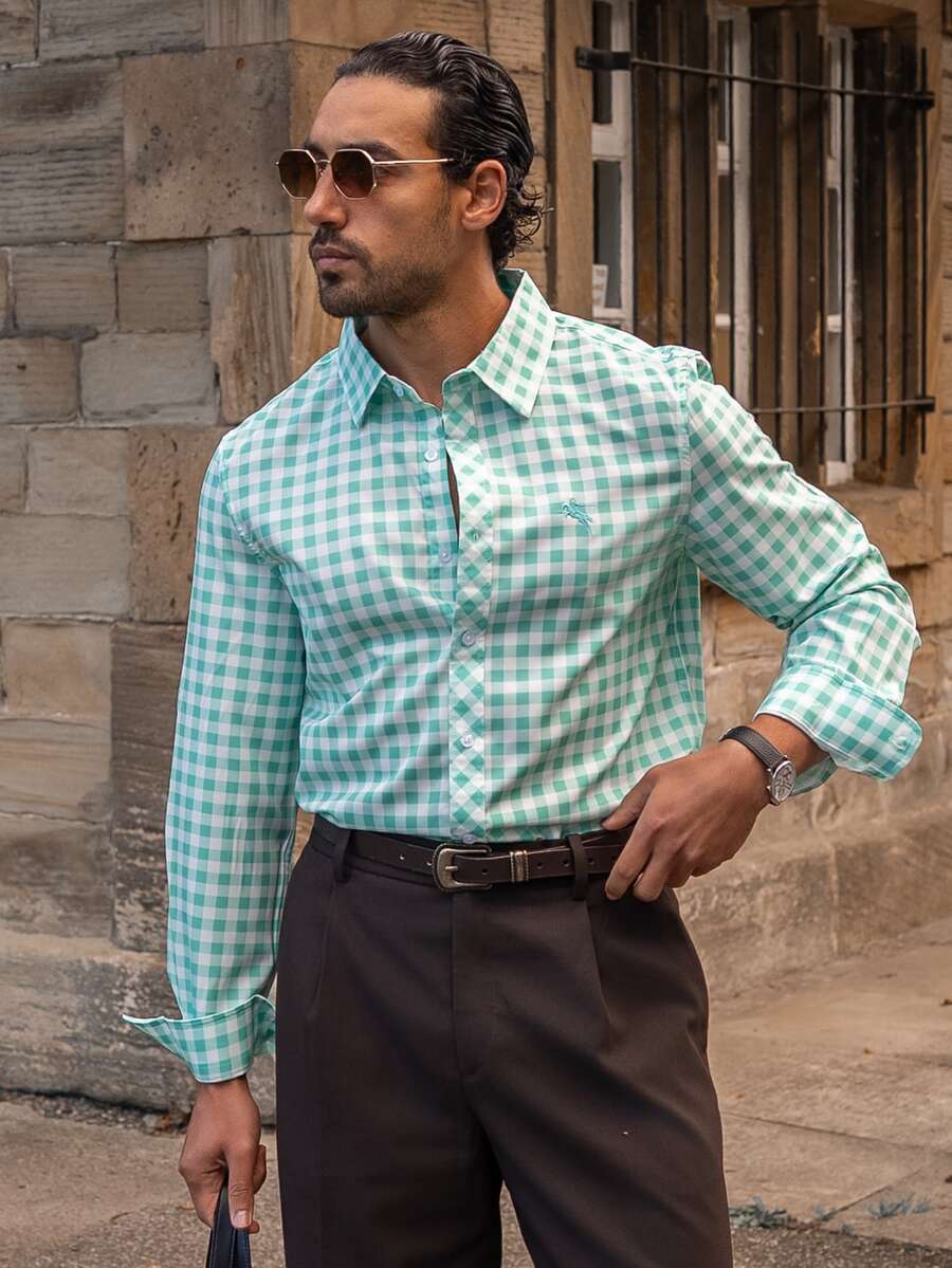 YOUESAWY YOUESAWY Casual Vacation Plaid Small Icon Front Single-Breasted Comfortable Long Sleeve Fashion Casual Shirt For Men, Fall - Mint Green - View 1