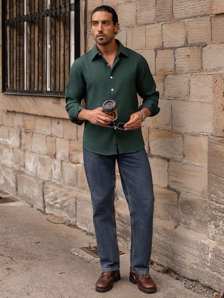 YOUESAWY YOUESAWY Kemeja Pria Tombol Depan Plain Casual - Dark Green - View 3