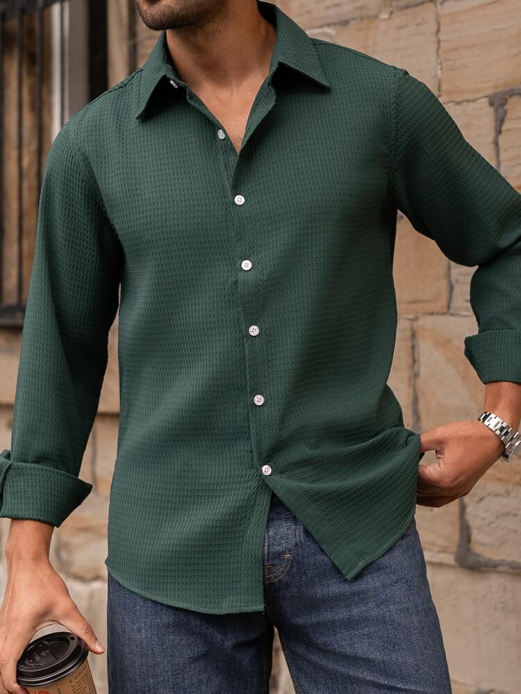 YOUESAWY YOUESAWY Kemeja Pria Tombol Depan Plain Casual - Dark Green - View 5