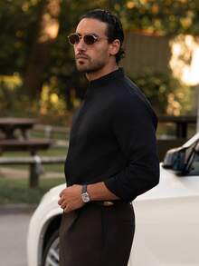 YOUESAWY YOUESAWY Men's Solid Color Mandarin Collar Hidden Button Design Business Casual Long Sleeve Shirt, Formal - Black - View 4