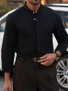 YOUESAWY YOUESAWY Men's Solid Color Mandarin Collar Hidden Button Design Business Casual Long Sleeve Shirt, Formal - Black - View 5