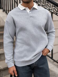 YOUESAWY YOUESAWY Men's Loose Fit Contrast Polo Collar Thermal Lined Long Sleeve Sweatshirt, Fall/Winter - Light Grey - View 5