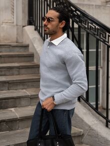 YOUESAWY YOUESAWY Men's Loose Fit Contrast Polo Collar Thermal Lined Long Sleeve Sweatshirt, Fall/Winter - Light Grey - View 3