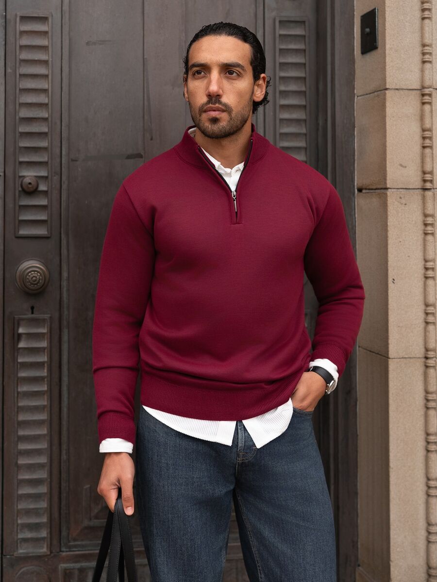 YOUESAWY YOUESAWY Men's Pullover Sweater, Solid Color Knitted Sweater, Autumn/Winter Quarter Zip Sweater Men Mock Neck Men Valentine's Day - Burgundy - View 1