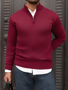 YOUESAWY YOUESAWY Men's Pullover Sweater, Solid Color Knitted Sweater, Autumn/Winter Quarter Zip Sweater Men Mock Neck Men Valentine's Day - Burgundy - View 5