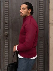 YOUESAWY YOUESAWY Men's Pullover Sweater, Solid Color Knitted Sweater, Autumn/Winter Quarter Zip Sweater Men Mock Neck Men Valentine's Day - Burgundy - View 4