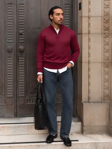 YOUESAWY YOUESAWY Men's Pullover Sweater, Solid Color Knitted Sweater, Autumn/Winter Quarter Zip Sweater Men Mock Neck Men Valentine's Day - Burgundy - View 3