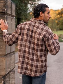 YOUESAWY YOUESAWY Men 1pc Oversized Cotton Plaid Print Drop Shoulder Shirt, Fall, Couple Things, Long Sleeve Top - Coffee Brown - View 2