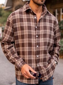 YOUESAWY YOUESAWY Men 1pc Oversized Cotton Plaid Print Drop Shoulder Shirt, Fall, Couple Things, Long Sleeve Top - Coffee Brown - View 5