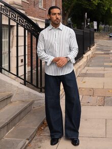 YOUESAWY YOUESAWY Men's Pale Yellow Relaxed Fit Long Sleeve Button-Up With Rolled Cuffs & Deep Open Neckline. Woven Fabric With Soft Drape. Sunny Resort Lay - Green - View 1