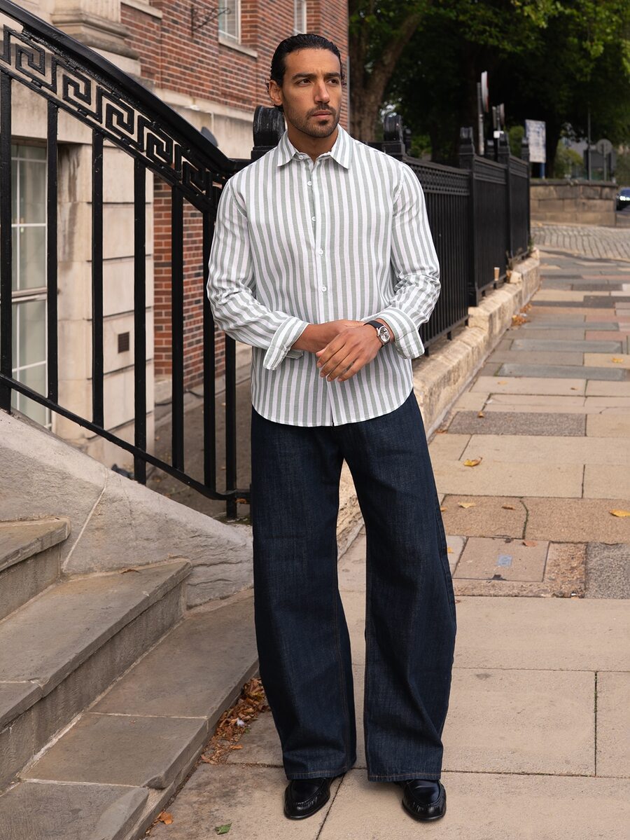 YOUESAWY YOUESAWY Men's Pale Yellow Relaxed Fit Long Sleeve Button-Up With Rolled Cuffs & Deep Open Neckline. Woven Fabric With Soft Drape. Sunny Resort Lay - Green - View 1