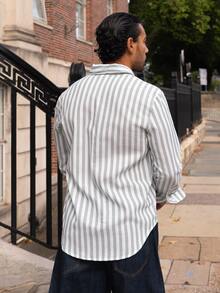 YOUESAWY YOUESAWY Men's Pale Yellow Relaxed Fit Long Sleeve Button-Up With Rolled Cuffs & Deep Open Neckline. Woven Fabric With Soft Drape. Sunny Resort Lay - Green - View 2