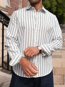 YOUESAWY YOUESAWY Men's Pale Yellow Relaxed Fit Long Sleeve Button-Up With Rolled Cuffs & Deep Open Neckline. Woven Fabric With Soft Drape. Sunny Resort Lay - Green - View 4