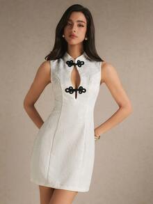 Poéselle Women's Frog Button Design Hollow Out Sexy Sleeveless Mini Dress - Beige - View 7