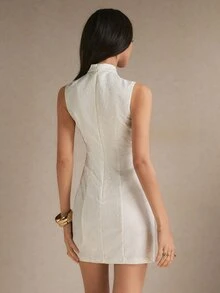 Poéselle Women's Frog Button Design Hollow Out Sexy Sleeveless Mini Dress - Beige - View 8