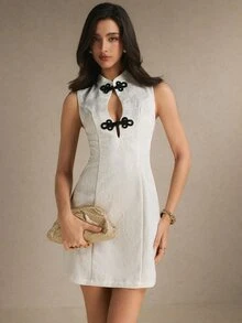 Poéselle Women's Frog Button Design Hollow Out Sexy Sleeveless Mini Dress - Beige - View 6