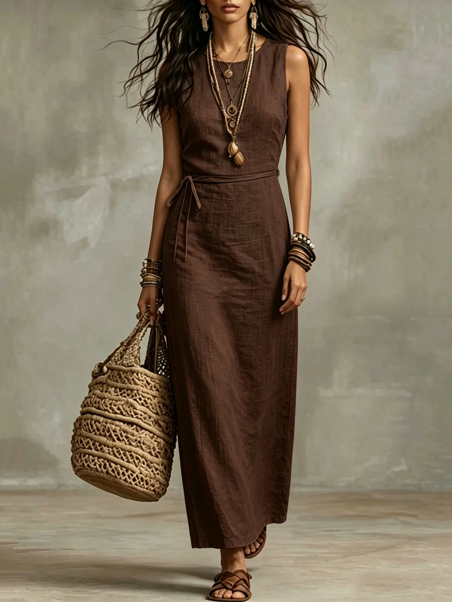 EMERY ROSE Women's Casual Sleeveless Solid Color Dress, Summer Vacation Dark Brown - Brown - View 1