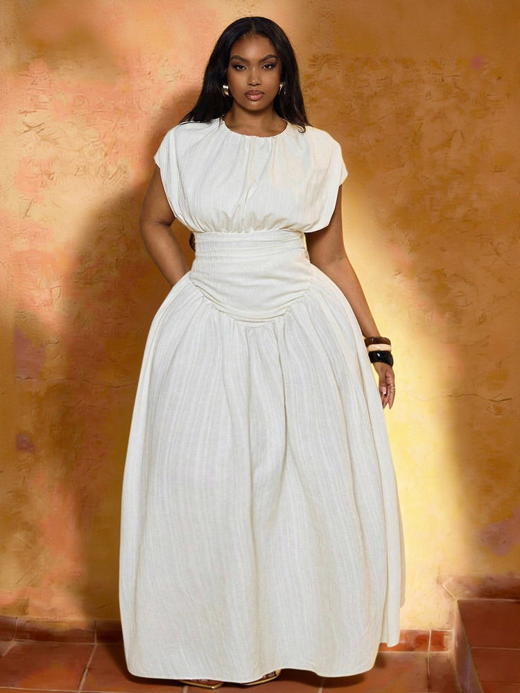 Zivah 2026 Spring Summer Plus Size Women All White Elegant Party Wedding Guest Wedding Solid Round Neck Ruched Waist Simple Dress,Suitable For,Beach,Banquet - White - View 3