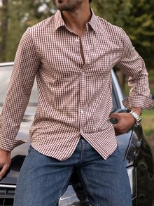 YOUESAWY YOUESAWY Men's Casual Brown Plaid Long Sleeve Shirt - Brown - View 5