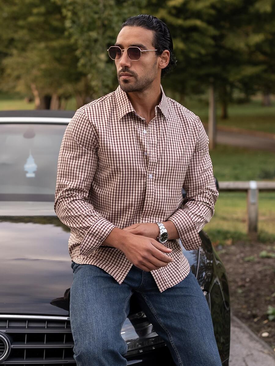 YOUESAWY YOUESAWY Men's Casual Brown Plaid Long Sleeve Shirt - Brown - View 1