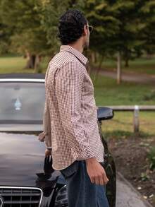 YOUESAWY YOUESAWY Men's Casual Brown Plaid Long Sleeve Shirt - Brown - View 4