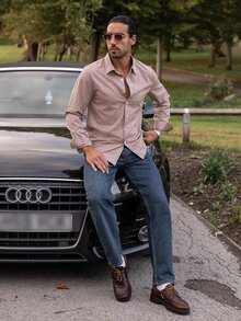 YOUESAWY YOUESAWY Men's Casual Brown Plaid Long Sleeve Shirt - Brown - View 3