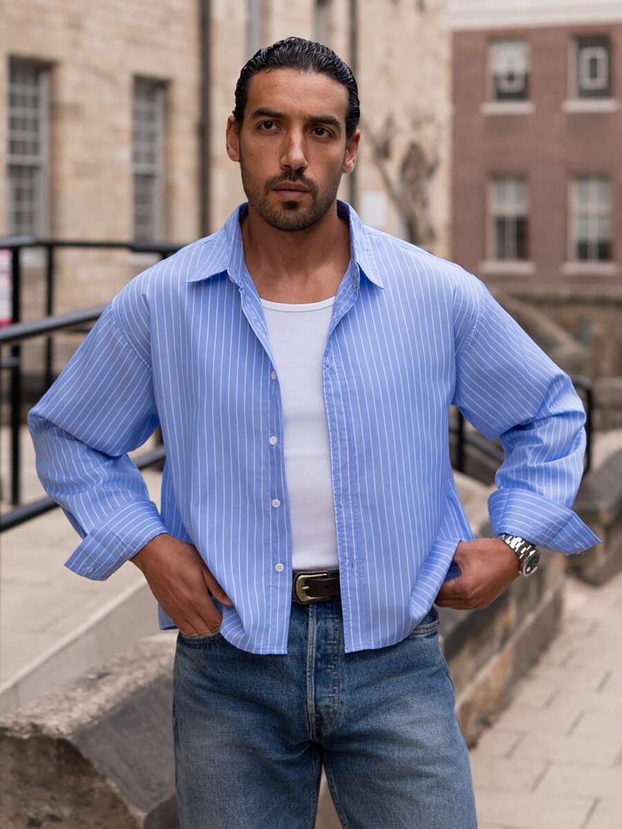 YOUESAWY YOUESAWY Men's Single-Breasted Casual/Commute Striped Short Sleeve Shirt - Blue - View 1