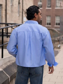 YOUESAWY YOUESAWY Men's Single-Breasted Casual/Commute Striped Short Sleeve Shirt - Blue - View 2