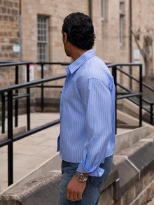 YOUESAWY YOUESAWY Men's Single-Breasted Casual/Commute Striped Short Sleeve Shirt - Blue - View 5