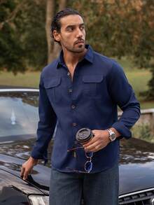 YOUESAWY YOUESAWY 男士纯色军装风休闲长袖衬衫，修身剪裁，双口袋设计，适合户外及日常穿着，尽显硬朗风格 - 藏蓝色 - 查看 1