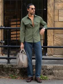YOUESAWY YOUESAWY Men's New Fashion Elastic Business Casual Long Sleeve Shirt, Autumn Winter,Fall - Army Green - View 3