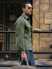 YOUESAWY YOUESAWY Men's New Fashion Elastic Business Casual Long Sleeve Shirt, Autumn Winter,Fall - Army Green - View 4