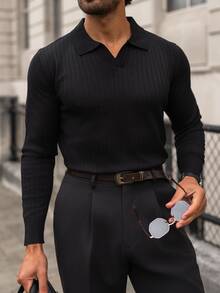 YOUESAWY YOUESAWY Men's Solid Color Ribbed Vertical Ribbed Knit Sweater, Minimalist Versatile Long Sleeve Top - Black - View 5