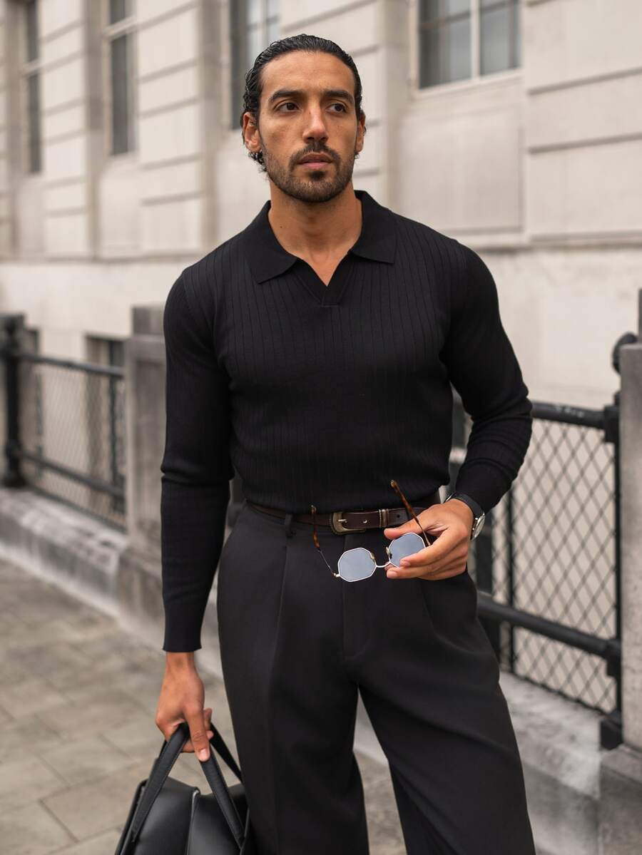 YOUESAWY YOUESAWY Men's Solid Color Ribbed Vertical Ribbed Knit Sweater, Minimalist Versatile Long Sleeve Top - Black - View 1